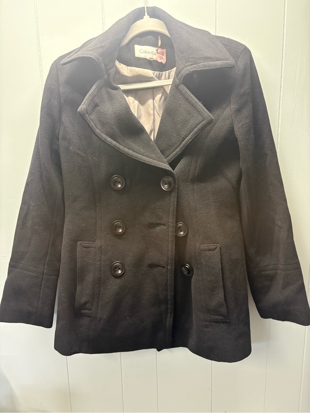 Calvin Klein Black Double-Breasted Wool Pea Coat
